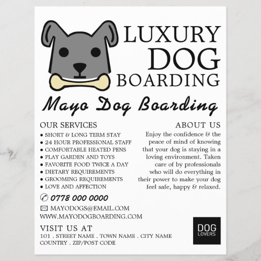 Grey Dog met bot, Dog Boarding, Adverteren Flyer (Voorkant)