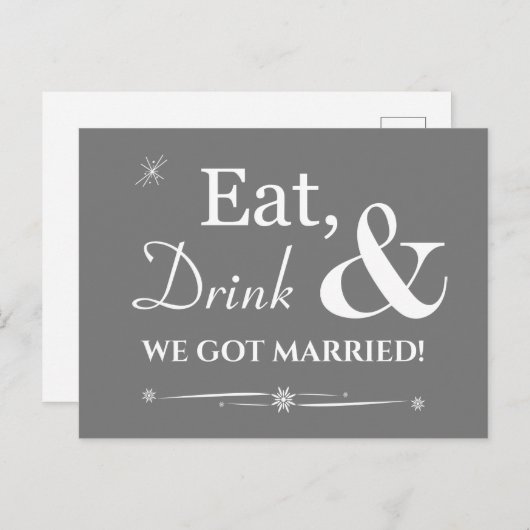 Grey Eat Drink We zijn getrouwd Retro Elopement Briefkaart (Voorkant / Achterkant)