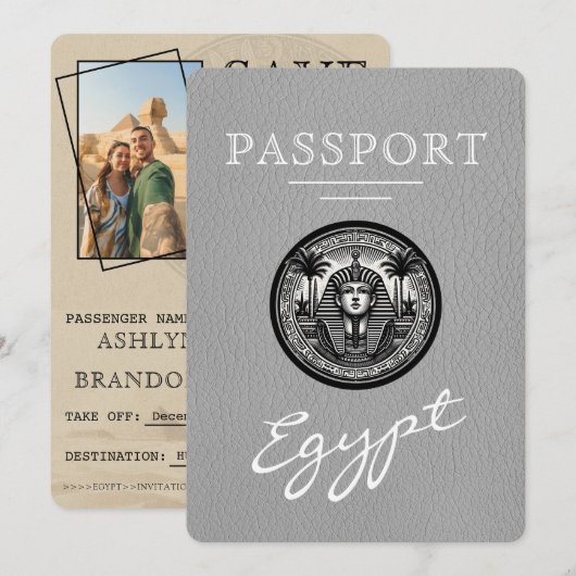 Grey Egypt Passport Wedding Save the Date (Voorkant / Achterkant)