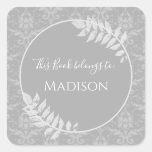 Grey Elegant Damask Book Sticker