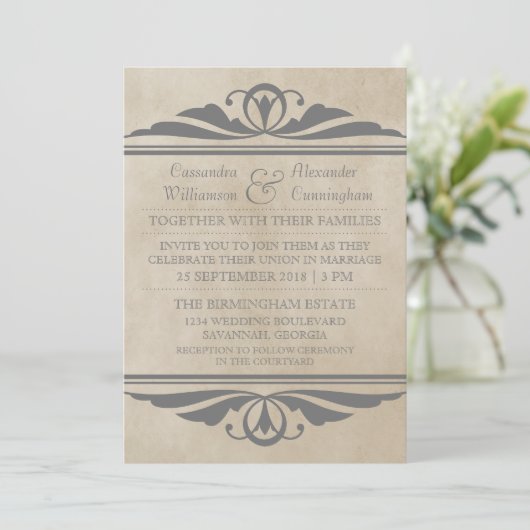 Grey Elegant Deco Wedding Invite Kaart (Staand voorkant)