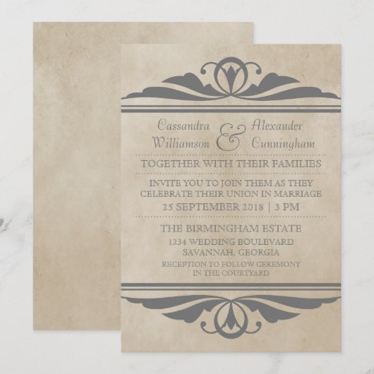 Grey Elegant Deco Wedding Invite Kaart (Voorkant / Achterkant)
