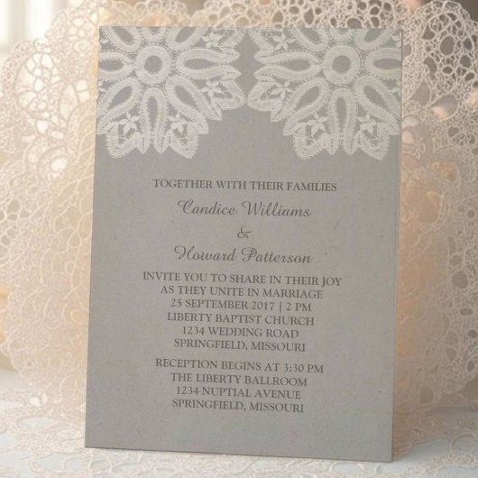 Grey Elegant Lace Wedding Invite Kaart