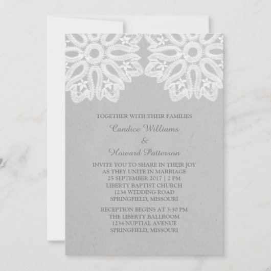 Grey Elegant Lace Wedding Invite Kaart (Voorkant)