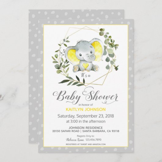 Grey Elephant Modern Baby shower Kaart (Voorkant / Achterkant)