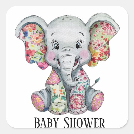 Grey Elephant Sewn Floral Patchwork Baby shower Vierkante Sticker (Voorkant)
