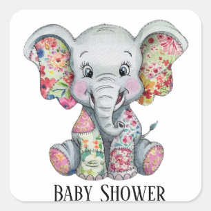 Grey Elephant Sewn Floral Patchwork Baby shower Vierkante Sticker