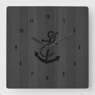 Grey Faux Planks Black Anchor Vierkante Klok
