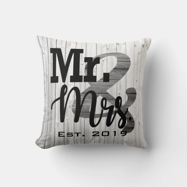 Grey Faux Wood Mr. en Mrs Wedding Pillow Kussen (Voorkant)