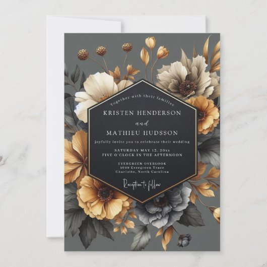 Grey Floral Autumn Romance Wedding Kaart (Voorkant)