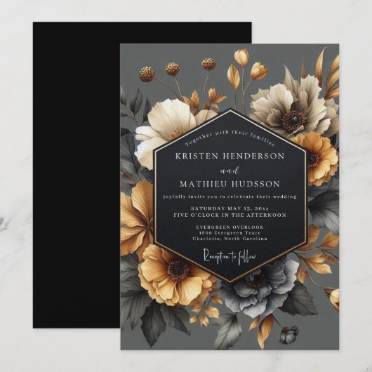 Grey Floral Autumn Romance Wedding Kaart (Voorkant / Achterkant)