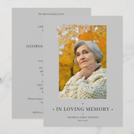 Grey Floral Frame Elegant Photo Funeral Invitation (Voorkant / Achterkant)