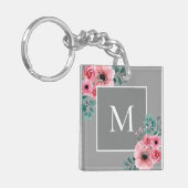 Grey | Floral Photo Monogram Key Ring Sleutelhanger (Voorkant Links)