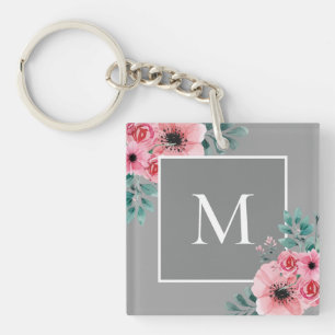 Grey   Floral Photo Monogram Key Ring Sleutelhanger