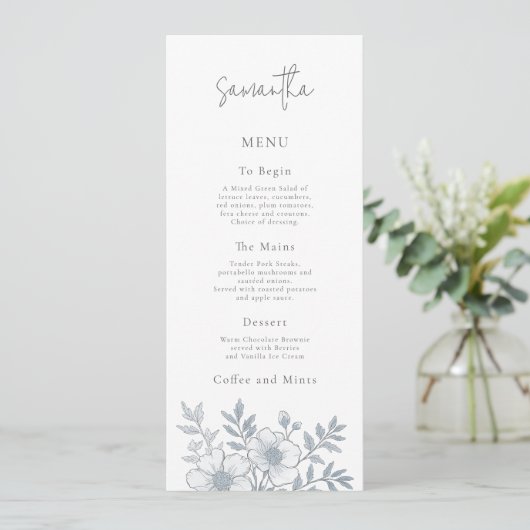 Grey Florals Wedding Menu Kaart met Gastnaam (Staand voorkant)