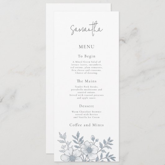 Grey Florals Wedding Menu Kaart met Gastnaam (Voorkant / Achterkant)