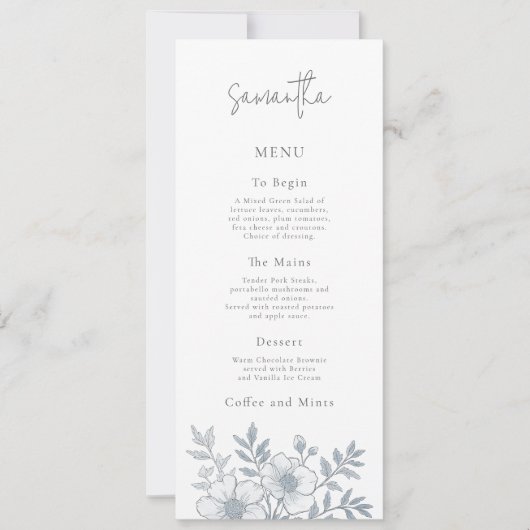 Grey Florals Wedding Menu Kaart met Gastnaam (Voorkant)