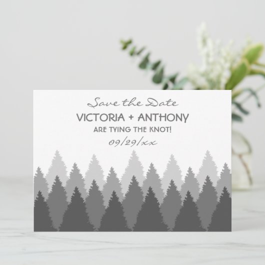 Grey Forest Range Woodland Bruiloft Save The Date (Staand voorkant)