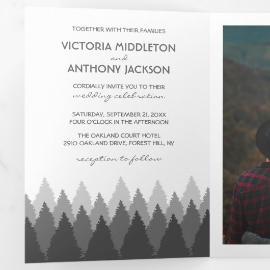 Grey Forest Range Woodland Wedding Suite Drieluik Uitnodiging (Binnenzijde eerst)