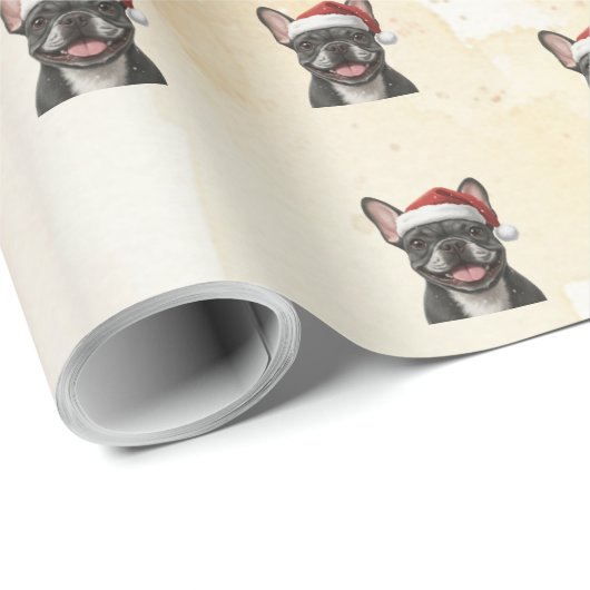 Grey Frenchie Bulldog in Santa Hat Cadeaupapier (Rol Hoek)