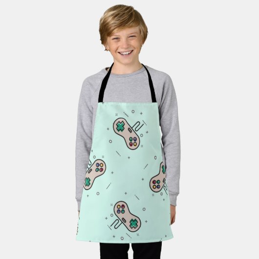 Grey game joystick op blauw schort (Gedragen)