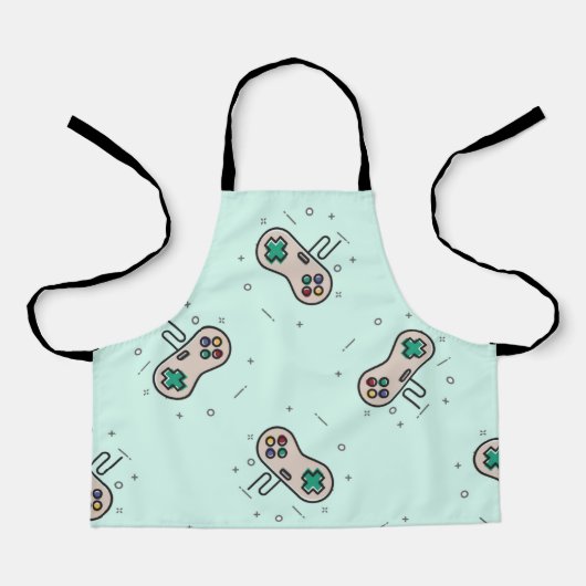 Grey game joystick op blauw schort (Voorkant)