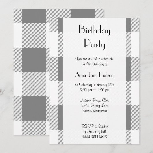 Grey Gingham, Geometric Pattern, Birthday Party Kaart (Voorkant / Achterkant)