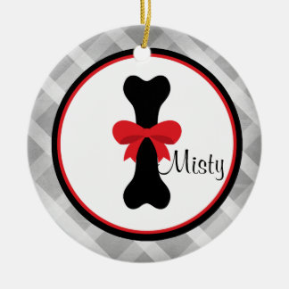 Grey Gingham Large Black Dog Bone Ornament