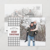 Grey Gingham MERRY CHRISTMAS 2 foto's Feestdagenkaart (Voorkant / Achterkant)