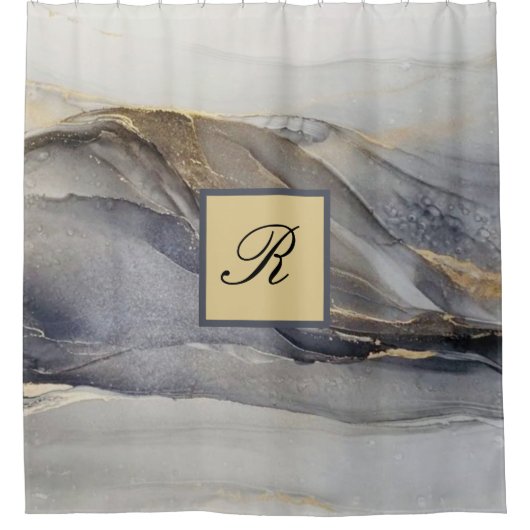 Grey Gold Black Marble  Elegant Monogram Douchegordijn (Voorkant)