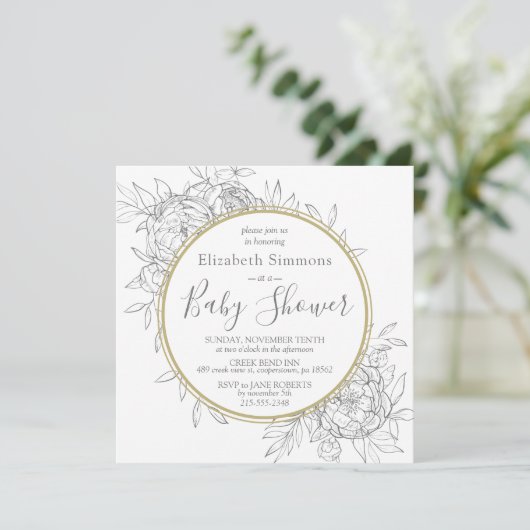 Grey & Gold Peony Modern Floral Toile Baby shower Kaart (Staand voorkant)