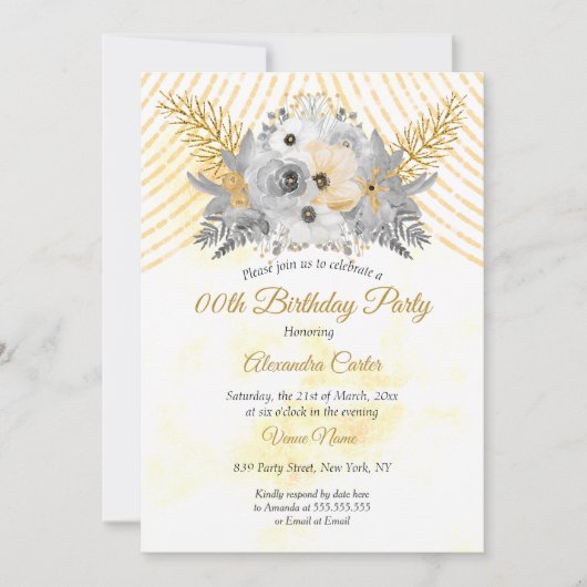 Grey Gold Sepia Floral Bouquet Birthday Party Kaart (Voorkant)