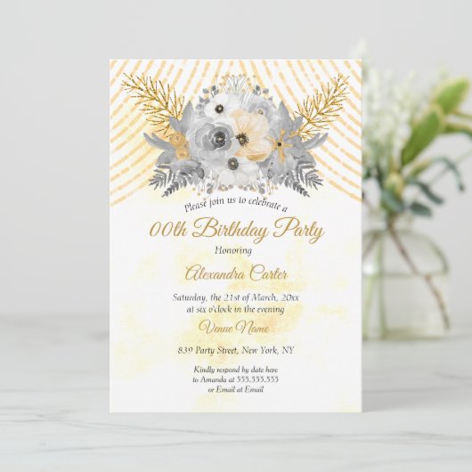 Grey Gold Sepia Floral Bouquet Birthday Party Kaart (Staand voorkant)