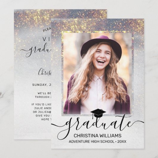 Grey Gold Sparkles Foto Virtual Graduparty Kaart (Voorkant / Achterkant)