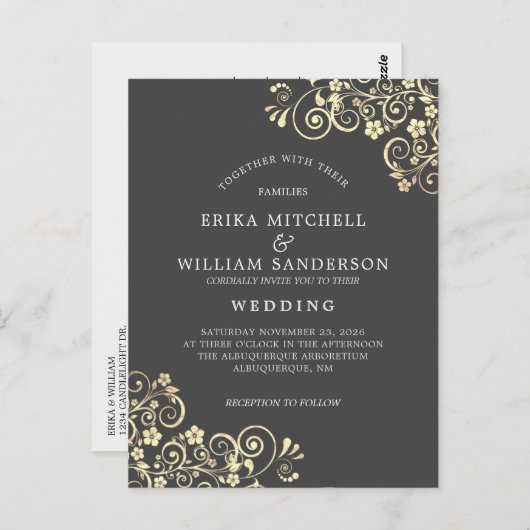 Grey Gold Wedding Invitation RSVP L Website Briefkaart (Voorkant / Achterkant)