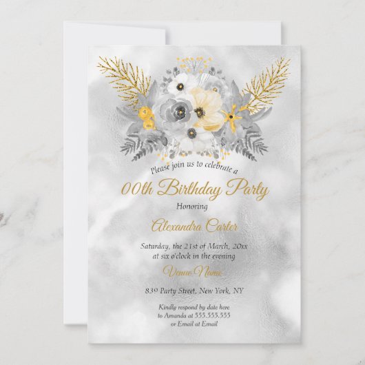 Grey Gold Yellow Floral Bouquet Birthday Party Kaart (Voorkant)