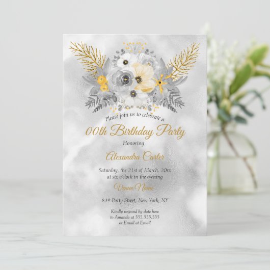 Grey Gold Yellow Floral Bouquet Birthday Party Kaart (Staand voorkant)