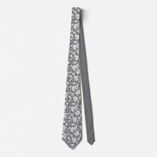 Grey Gray Floral Pattern Custom Necktie Stropdas (Voorkant)