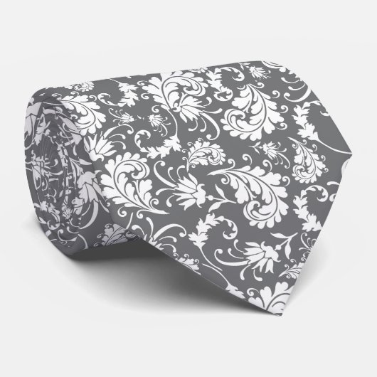 Grey Gray Floral Pattern Custom Necktie Stropdas (Opgerold)