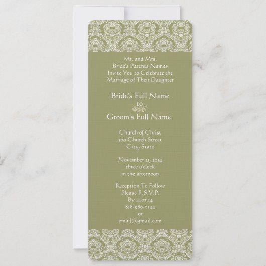 Grey Green Damask Swirls Wedding Invitation Kaart (Voorkant)