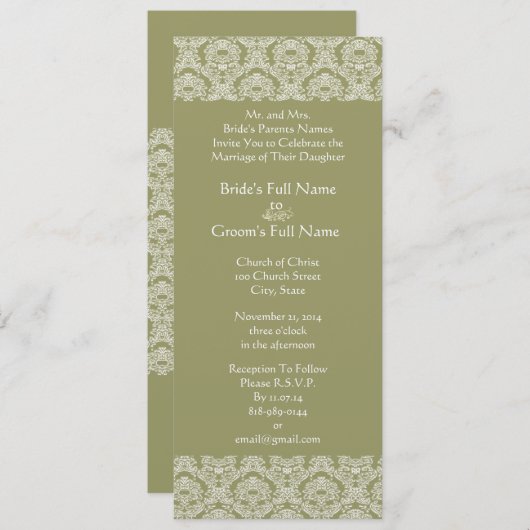 Grey Green Damask Swirls Wedding Invitation Kaart (Voorkant / Achterkant)