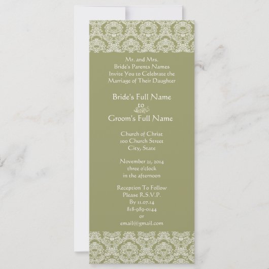 Grey Green Damask Swirls Wedding Invitation Kaart (Voorkant)