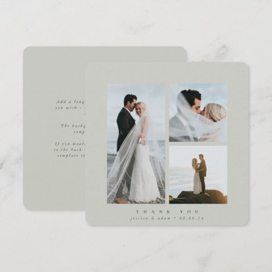 Grey-Green Elegant Square Three Photo Wedding Flat Bedankkaart (Voorkant / Achterkant)