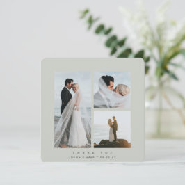 Grey-Green Elegant Square Three Photo Wedding Flat Bedankkaart