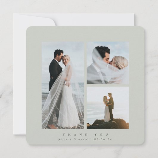 Grey-Green Elegant Square Three Photo Wedding Flat Bedankkaart (Voorkant)