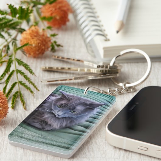 Grey Green Eyed Cat Acryl Sleutelhanger (Voorkant Rechts)