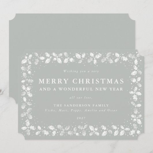 Grey-Green Lino Print Holly Merry kerst Feestdagenkaart (Voorkant / Achterkant)