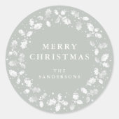 Grey-Green Merry Kerstmis Holly Wreator Kerstmis Ronde Sticker (Voorkant)
