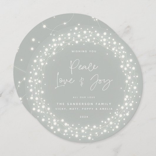 Grey-Green Peace Love+Joy Script Sparking Lights Feestdagenkaart (Voorkant / Achterkant)