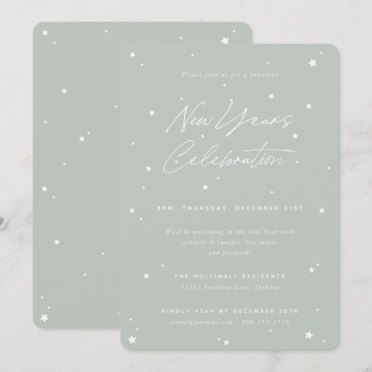 Grey Green Script Scattered Stars Nieuwjaar Party Kaart (Voorkant / Achterkant)